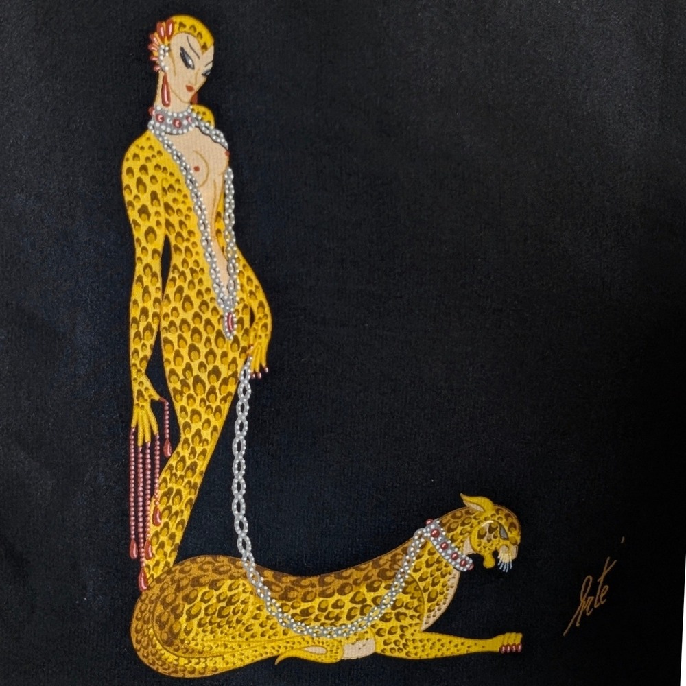 Vintage Erte Long Art Deco Nude Woman Cheetah L Print Alphabet Series Silk Scarf